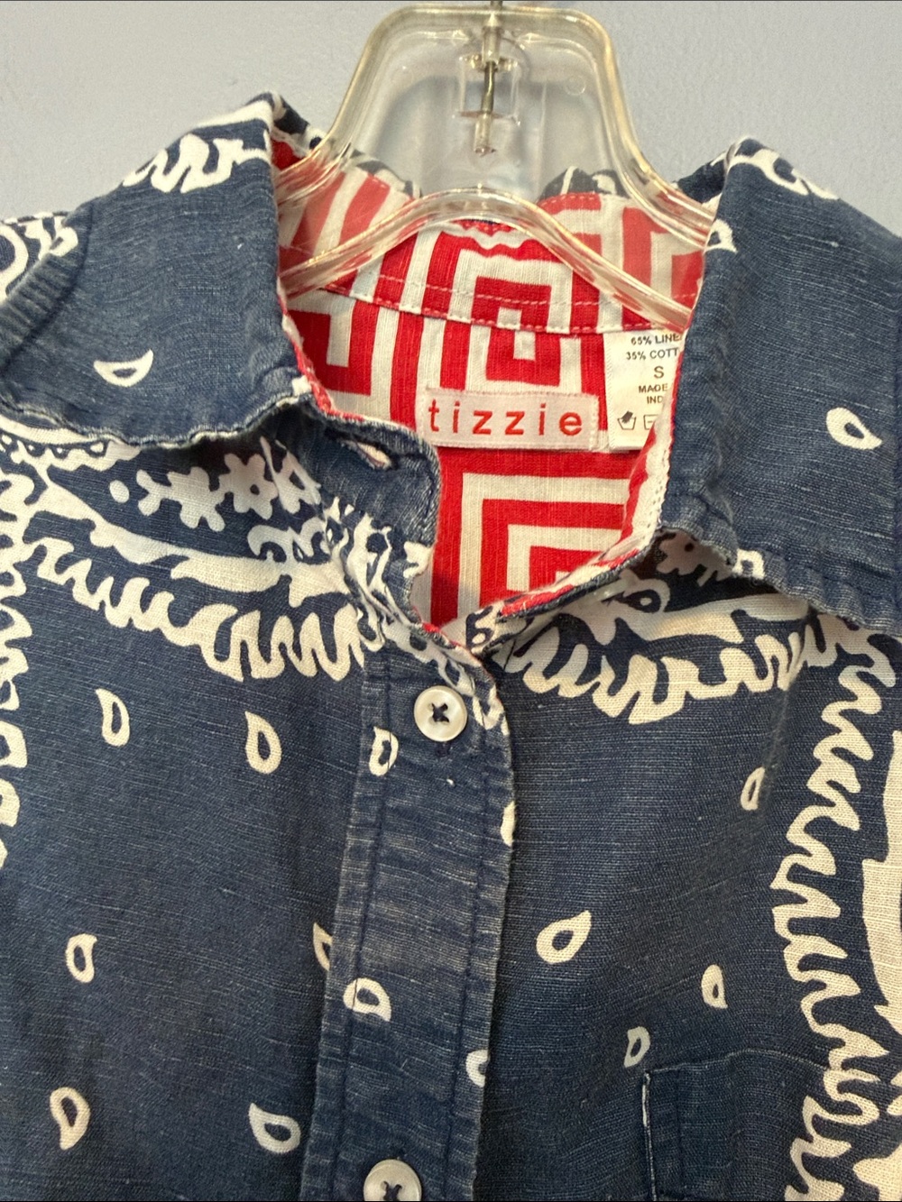 Tizzie Oversized Navy Paisley Fringe Hem Shirt Boho Linen Cotton Blend - Picture 4 of 13